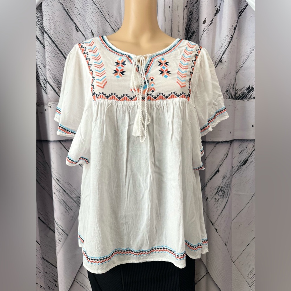 White and Orange Flutter Sleeve Blouse with Tie Front